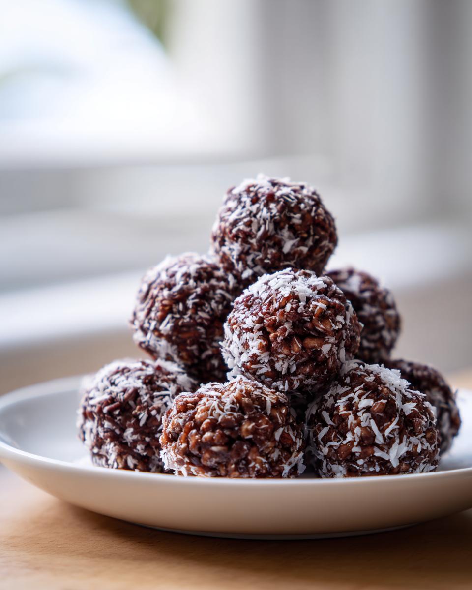 A stack of rich, chocolate rice krispie balls coated in shredded coconut on a white plate.