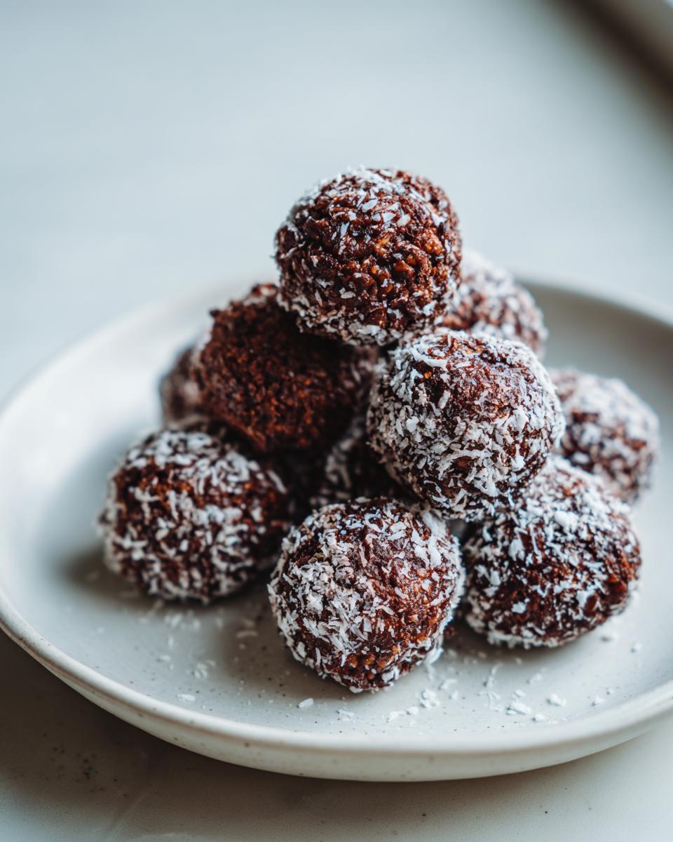A close-up stack of rich, dark chocolate rice krispie balls generously coated in shredded coconut.