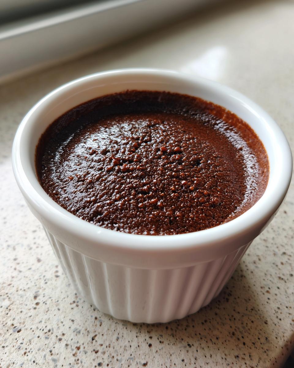 Close-up of thick, dark chocolate sauce for churros served in a small white ramekin.