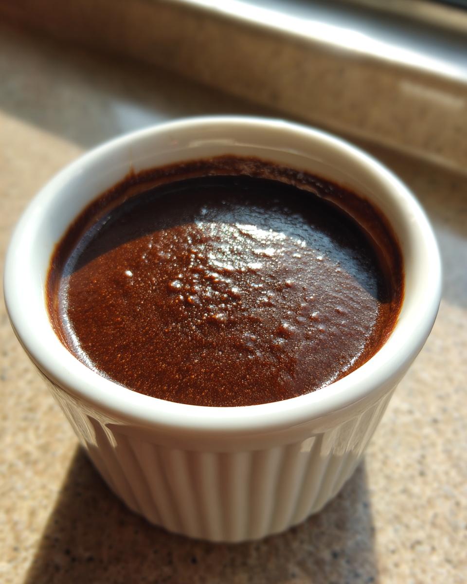 Close-up of thick, dark chocolate sauce for churros served in a small white ramekin.