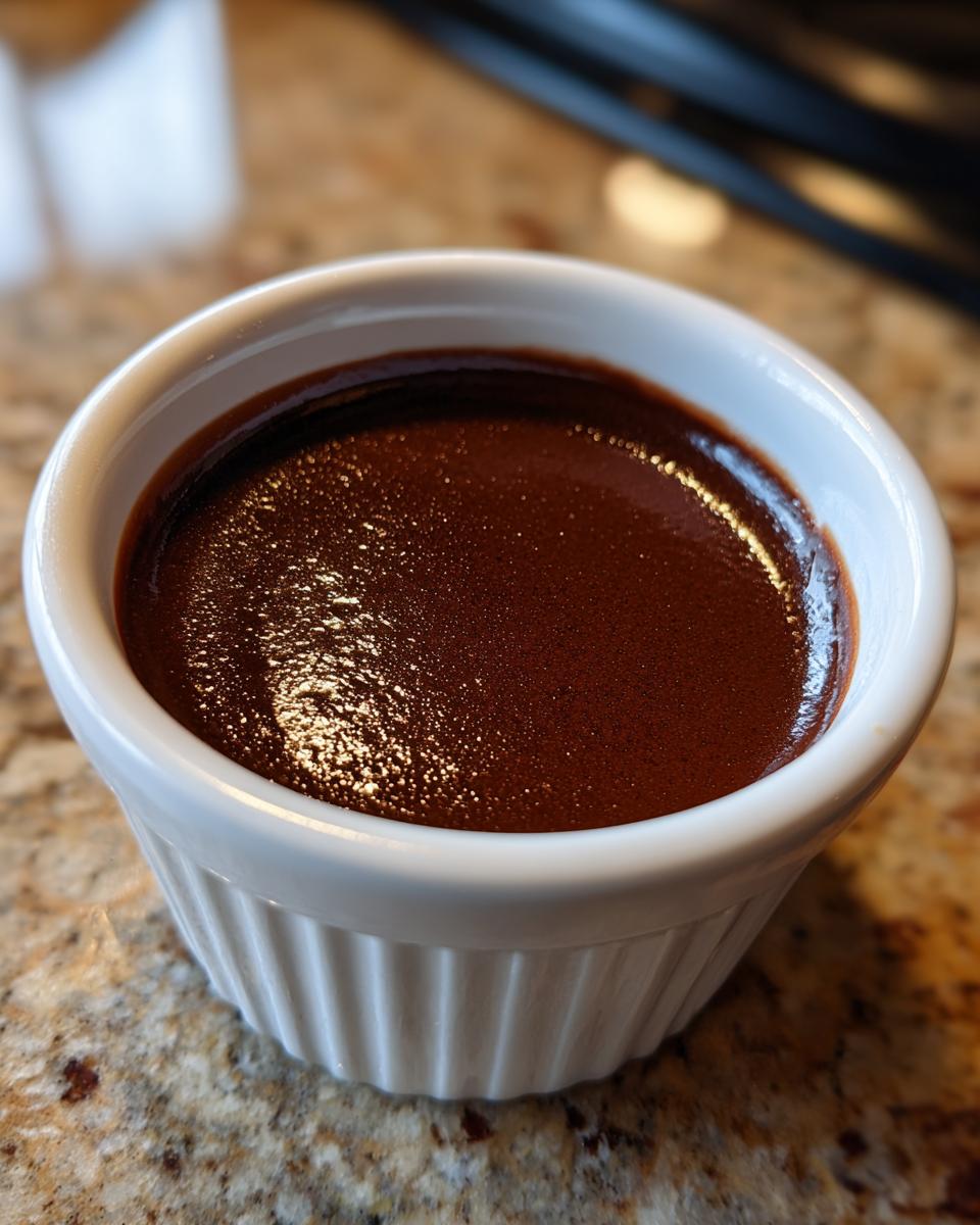 Close-up of rich, dark chocolate sauce for churros served in a small white fluted ramekin.