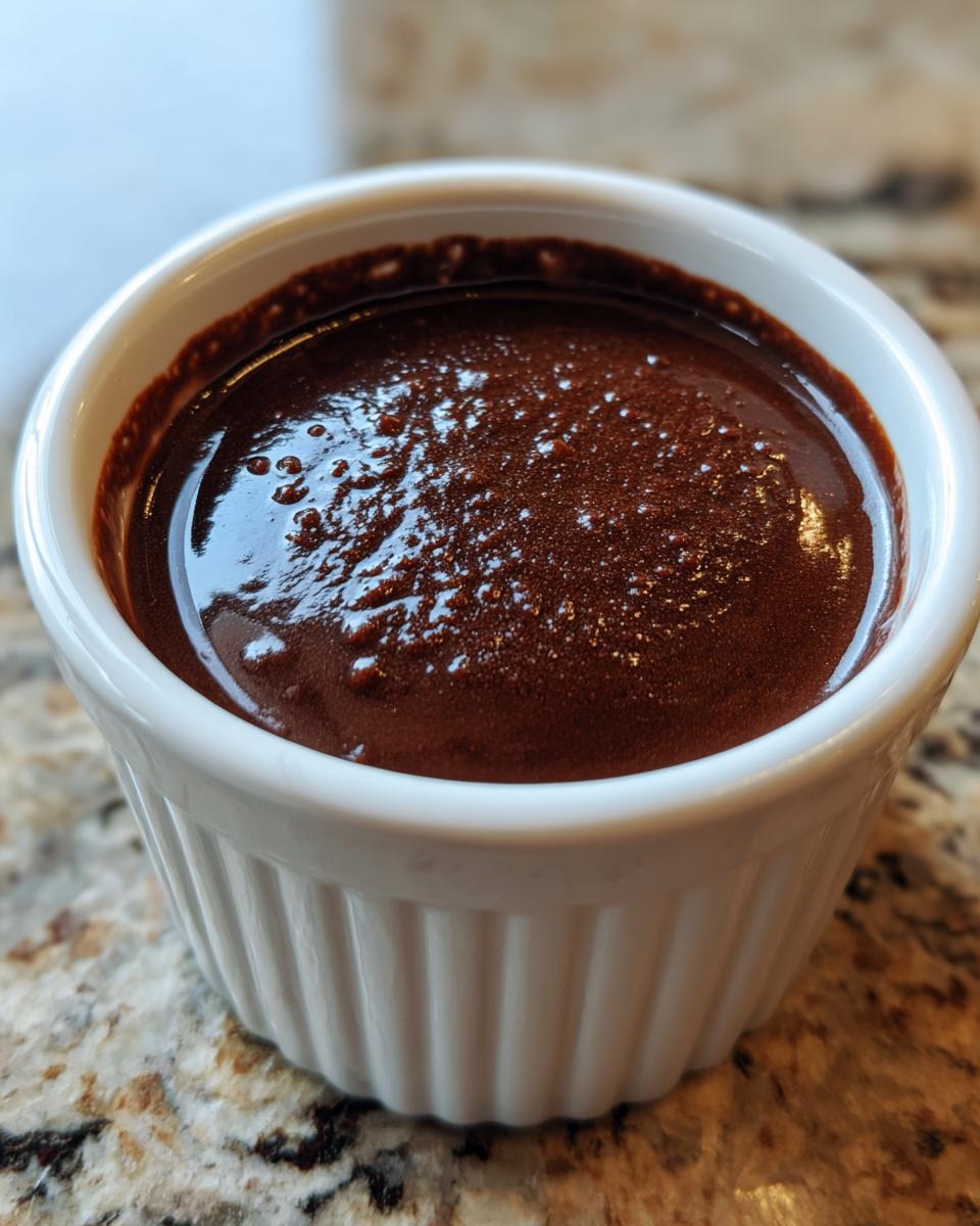 Close-up of thick, glossy chocolate sauce for churros served in a small white ramekin.