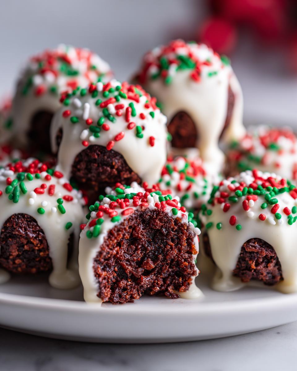 Close-up of rich, dark christmas chocolate rice krispie balls dipped in white chocolate and covered in red, green, and white sprinkles.