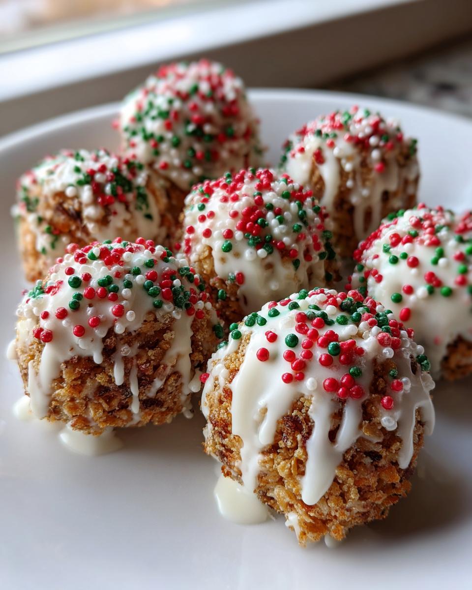 Close-up of several christmas chocolate rice krispie balls drizzled with white chocolate and covered in red, green, and white sprinkles.