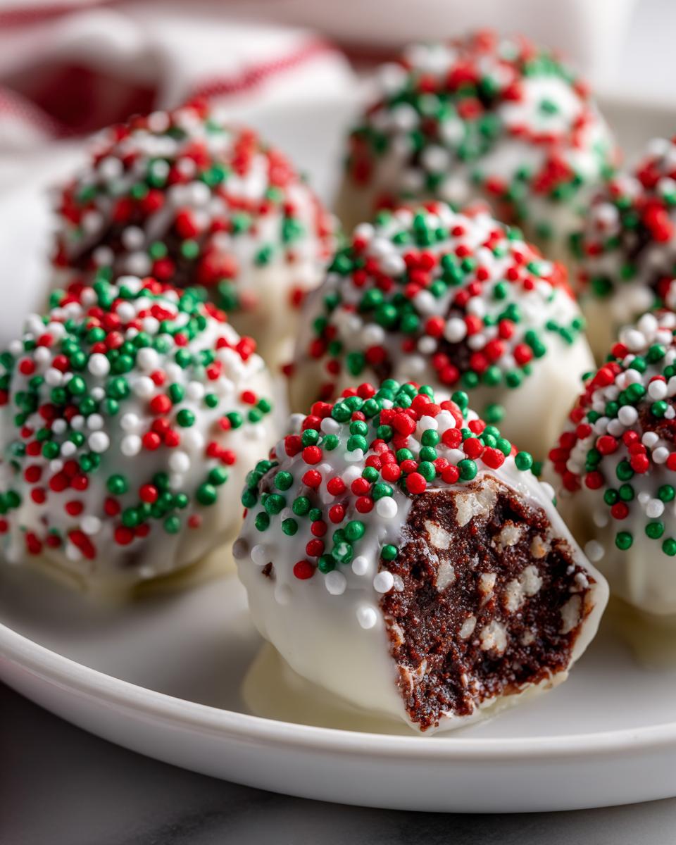 Close-up of Christmas chocolate rice krispie balls dipped in white chocolate and covered in red, green, and white sprinkles.