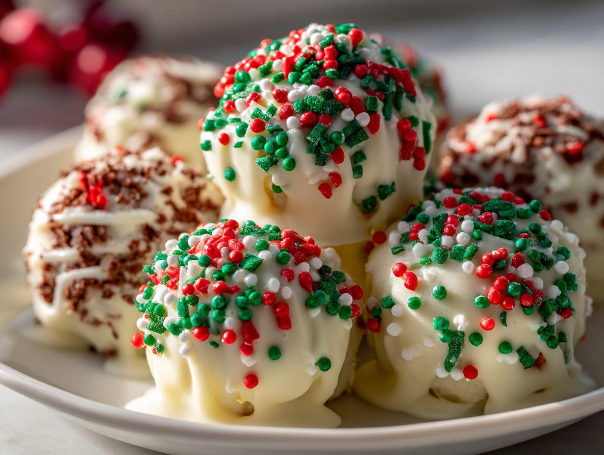 Close-up of white chocolate christmas chocolate rice krispie balls covered in red, green, and white sprinkles.