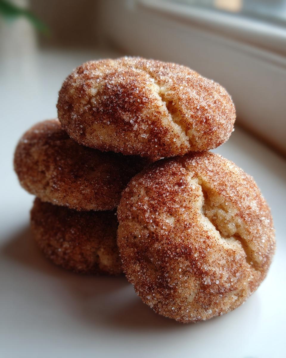 A stack of four soft, round churro cookies generously coated in cinnamon sugar.