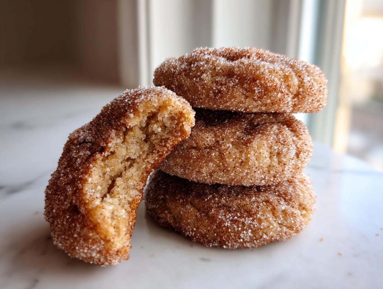 A stack of three soft churro cookies coated in cinnamon sugar, with one cookie broken in half showing the texture.