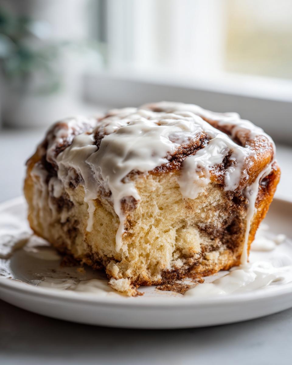 Close-up of a moist slice of cinnamon roll cake with box cake, topped with dripping white icing.