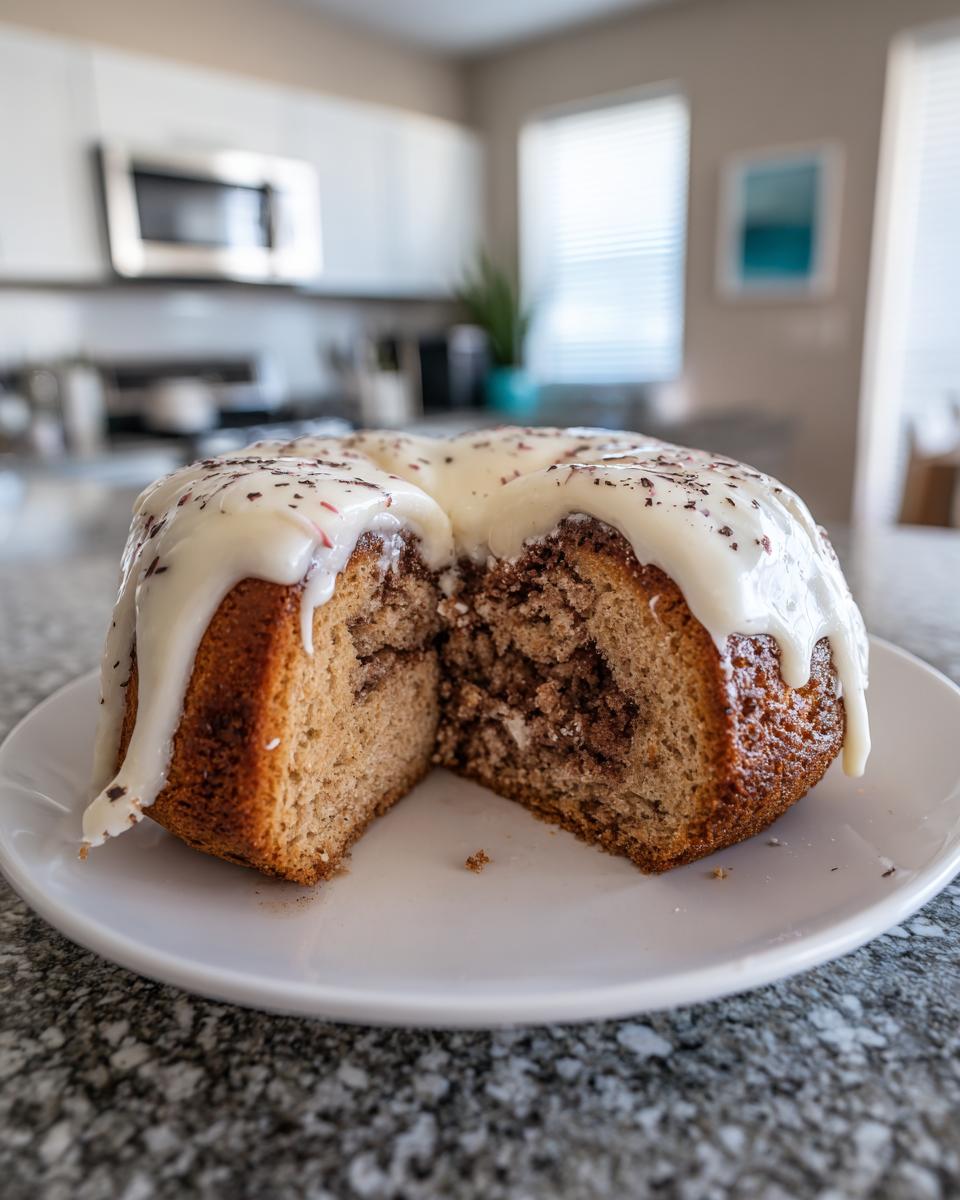A slice cut from a cinnamon roll cake sanrio bundt cake topped with white icing and sprinkles.