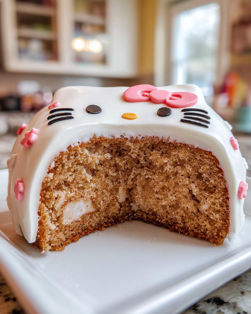 A cross-section view of a cinnamon roll cake sanrio shaped like Hello Kitty, showing the brown cake interior and white frosting.
