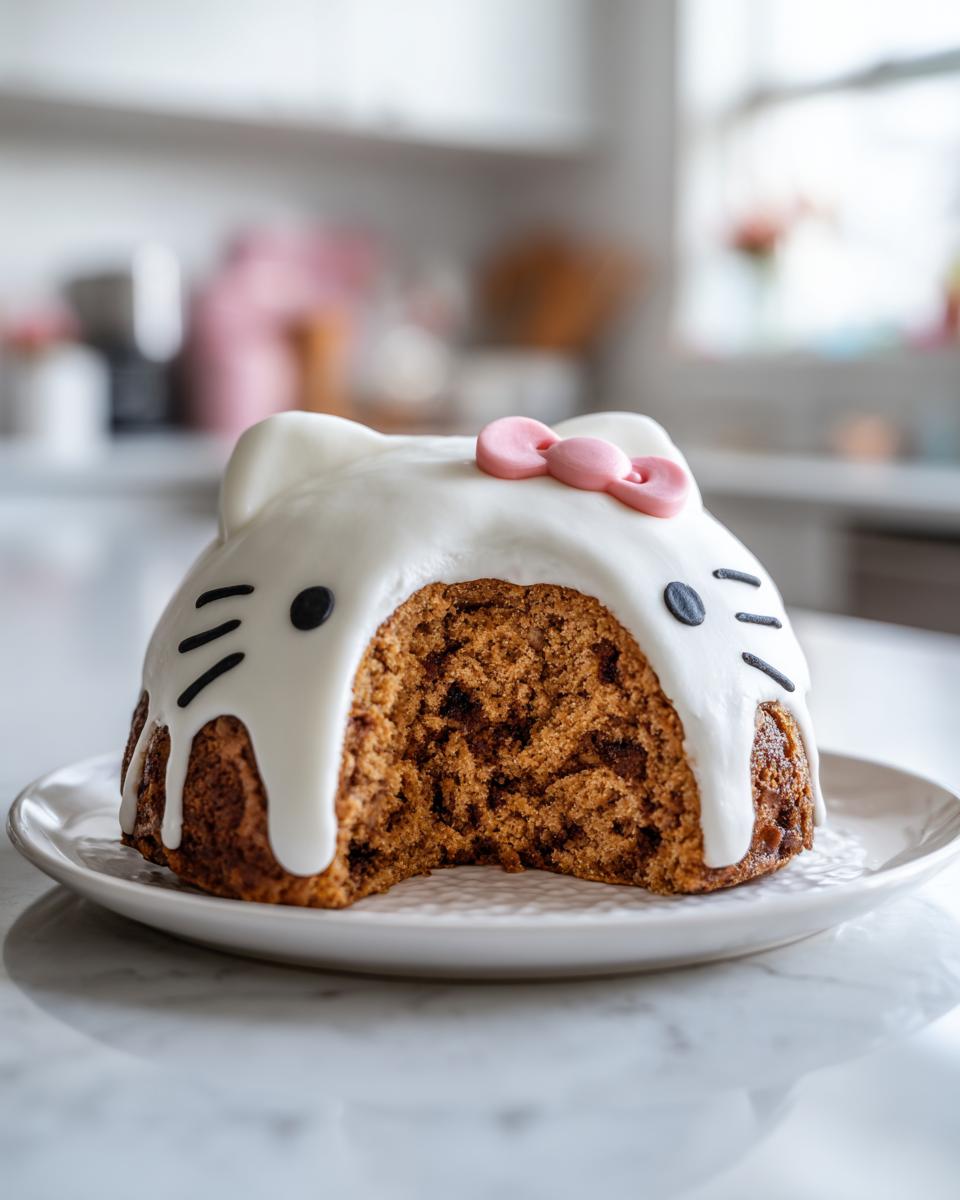 A slice taken out of a cinnamon roll cake sanrio shaped like Hello Kitty with white icing and a pink bow.