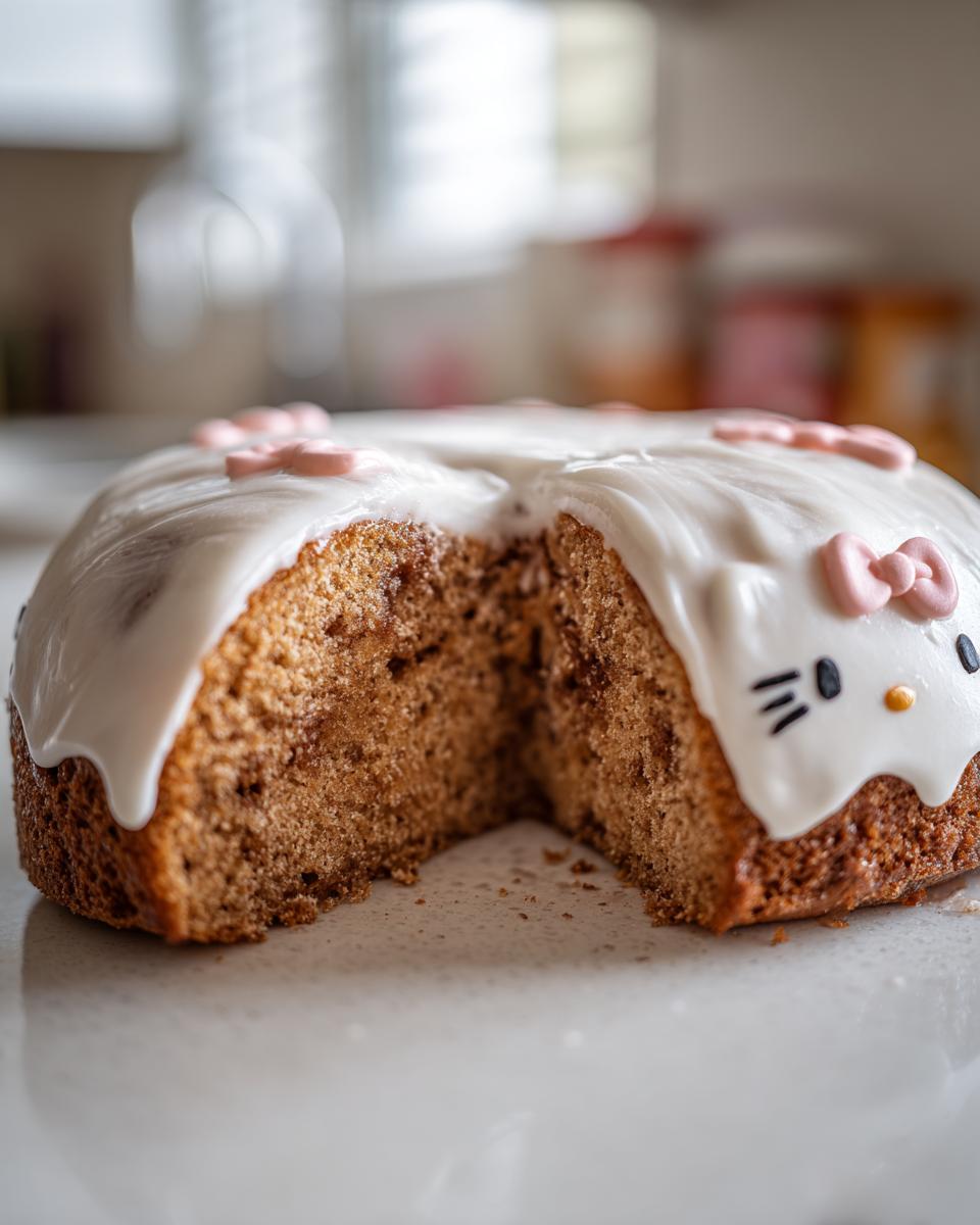 A slice cut from a cinnamon roll cake sanrio decorated with white icing and Hello Kitty facial features.
