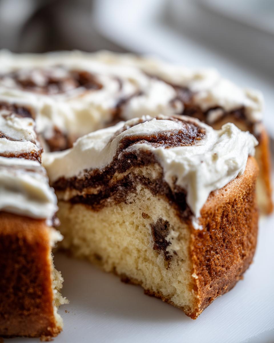 Close-up of a slice cut from a cinnamon roll cake showing the swirl and thick cream cheese frosting.