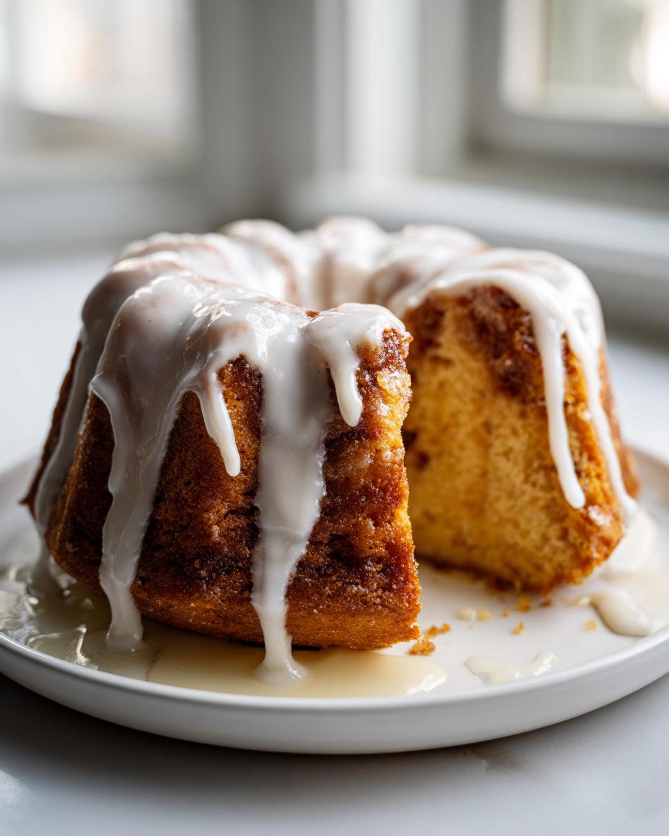 A glazed cinnamon roll cake with box cake ingredients, featuring a thick white icing dripping down the sides onto a white plate.