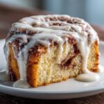 Close-up of a moist slice of cinnamon roll cake with box cake mix, topped with thick, dripping vanilla icing.