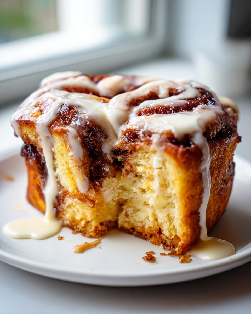 Close-up of a soft cinnamon roll cake with rich cinnamon swirl and thick vanilla icing, made using box cake mix.