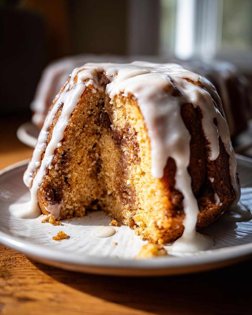 Close-up of a slice of cinnamon roll cake with box cake, drizzled heavily with white icing.