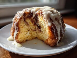 A moist slice of cinnamon roll cake with box cake mix, drizzled heavily with white icing.