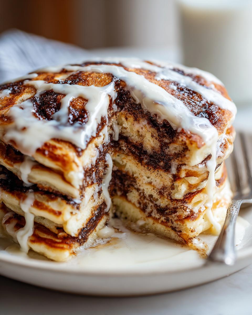Close-up of a stack of cinnamon roll pancakes cut in half, showing the swirl filling and dripping cream cheese icing.