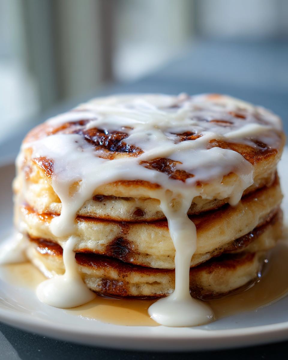 Close-up of a tall stack of fluffy cinnamon roll pancakes drizzled heavily with white cream cheese icing.