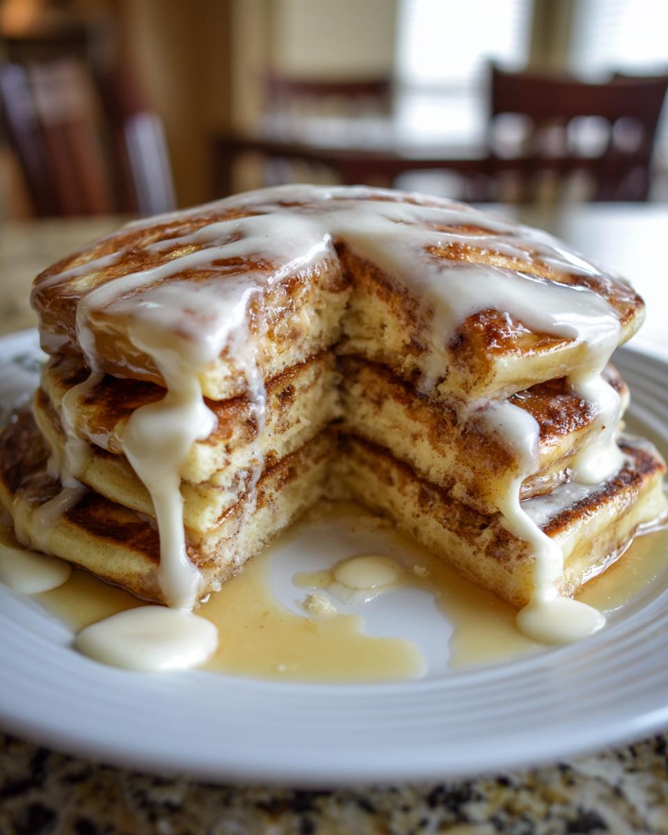 A tall stack of cinnamon roll pancakes cut to show the layers, drizzled heavily with white icing.
