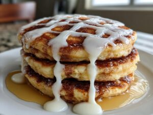 A tall stack of three fluffy cinnamon roll pancakes drizzled heavily with white cream cheese icing and syrup.