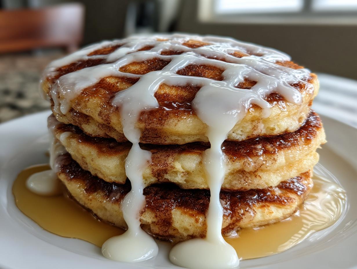 A tall stack of three fluffy cinnamon roll pancakes drizzled heavily with white cream cheese icing and syrup.