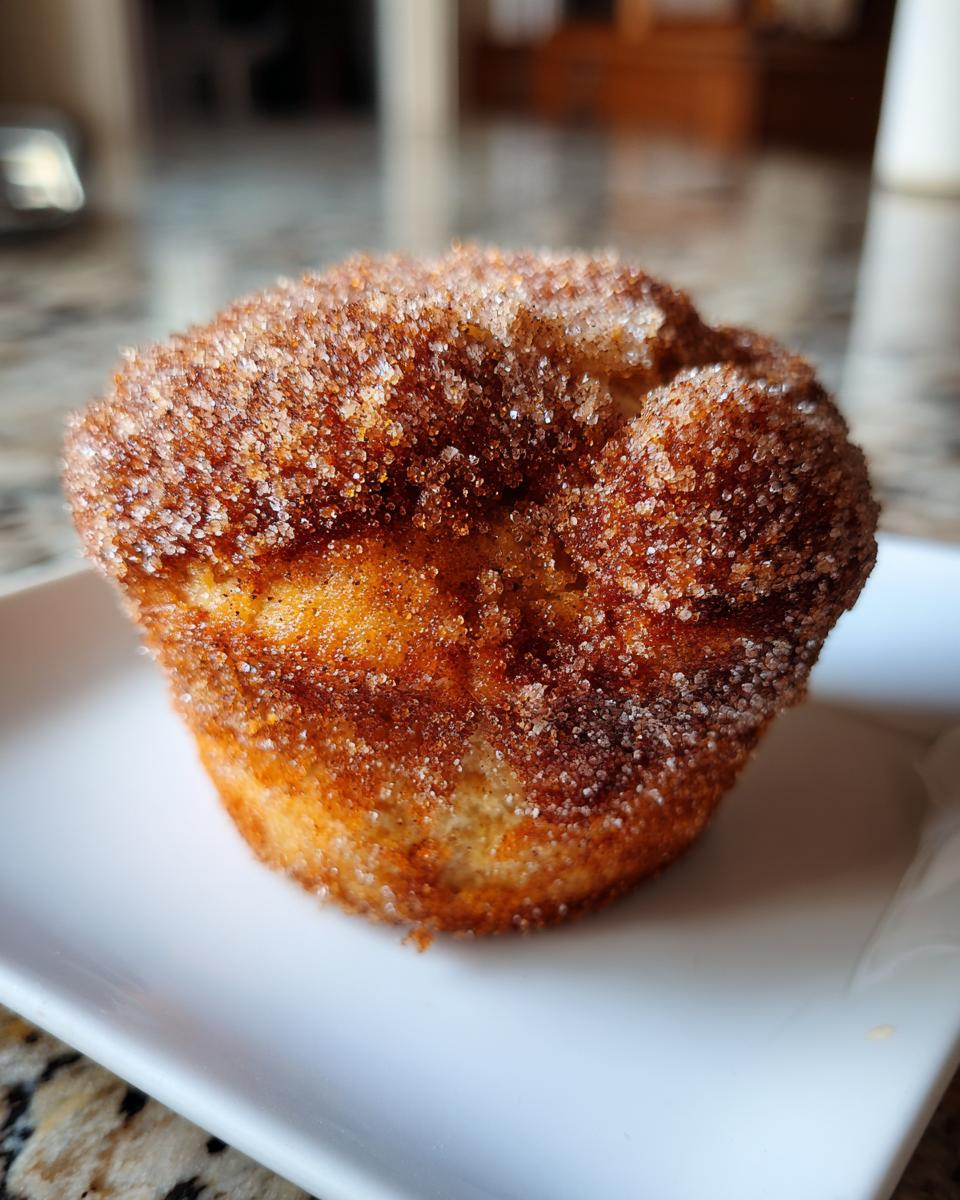 A single, perfectly baked cinnamon sugar french toast muffin coated heavily in sparkling cinnamon sugar.