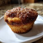 A single, golden-brown cinnamon sugar french toast muffin topped with sparkling sugar crystals on a white plate.