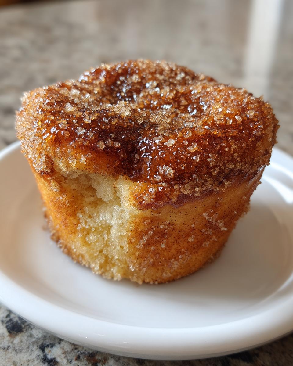 A close-up of a single cinnamon sugar french toast muffin with a thick, glistening cinnamon sugar topping.
