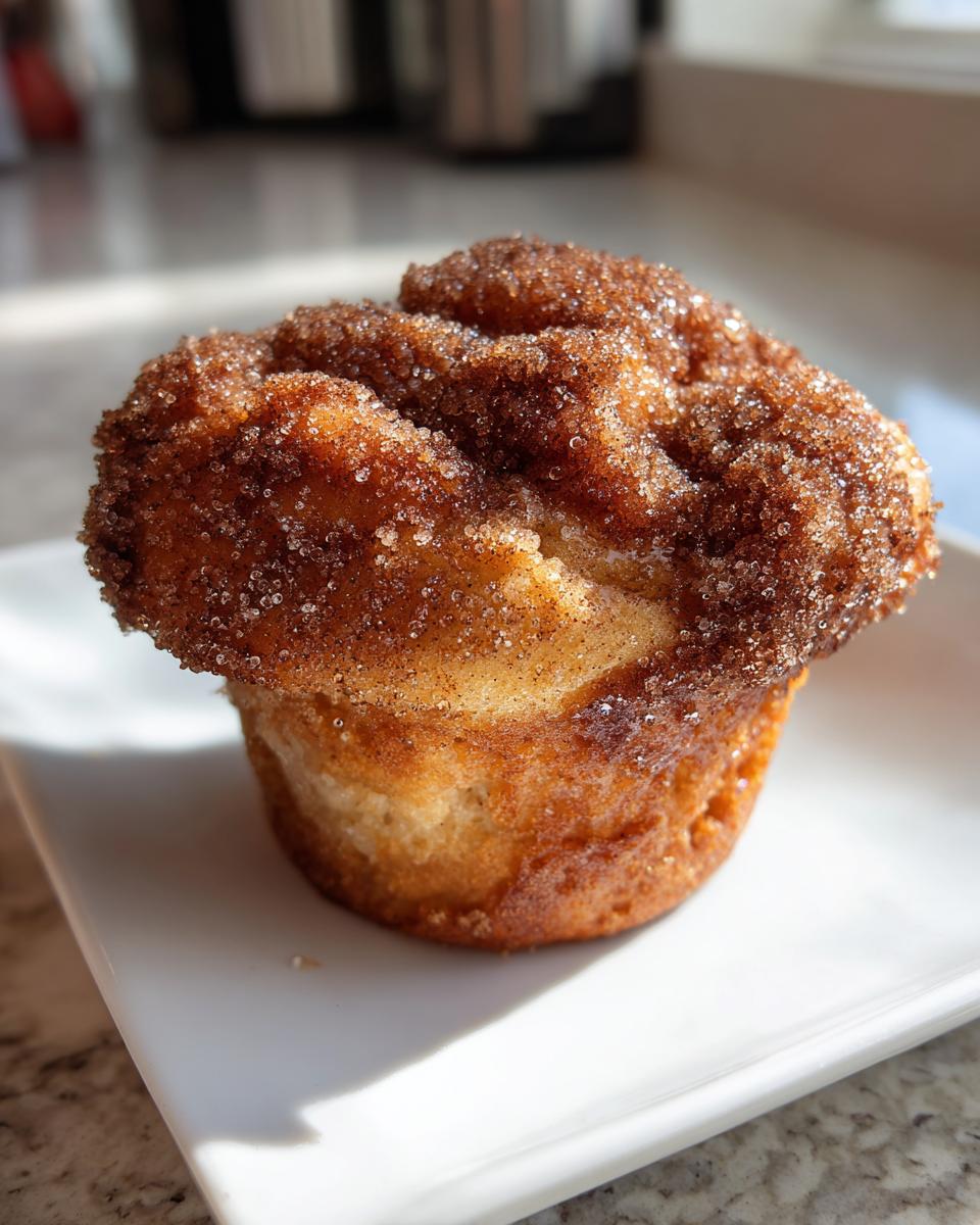 A single, golden-brown cinnamon sugar french toast muffins heavily coated in sparkling cinnamon sugar topping.