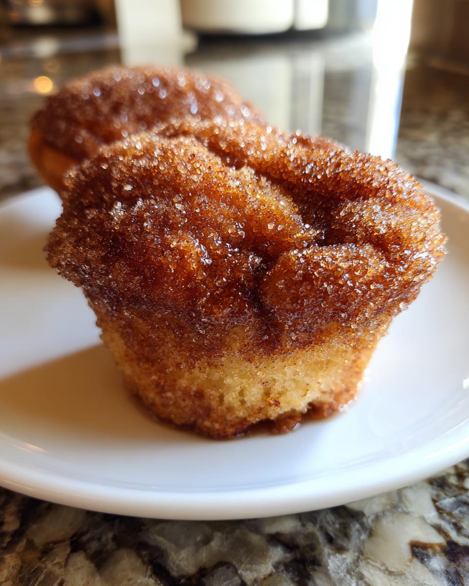 Close-up of a freshly baked cinnamon sugar french toast muffin coated in sparkling cinnamon sugar.