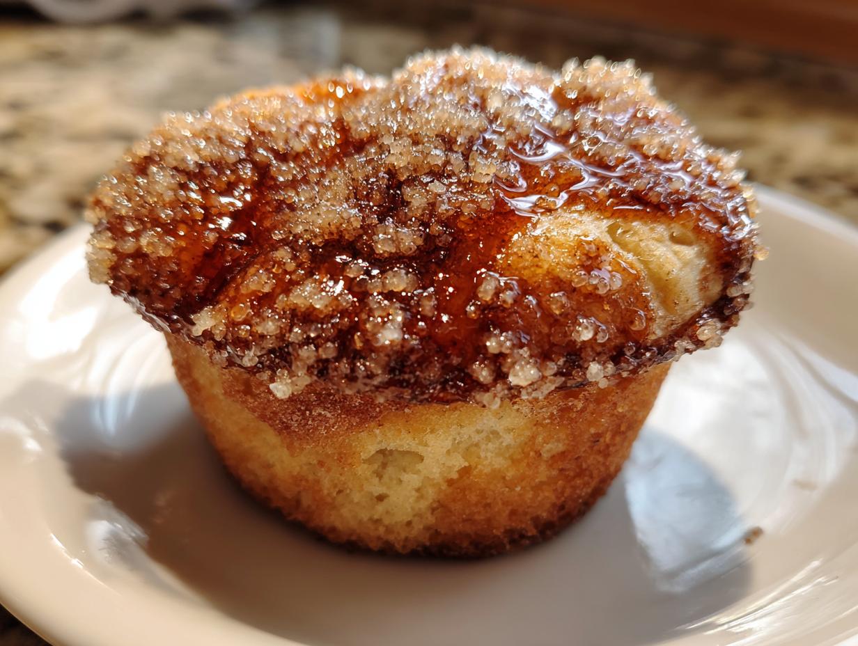 A close-up of a single cinnamon sugar french toast muffins, glistening with a thick, sugary glaze and coarse sugar crystals.
