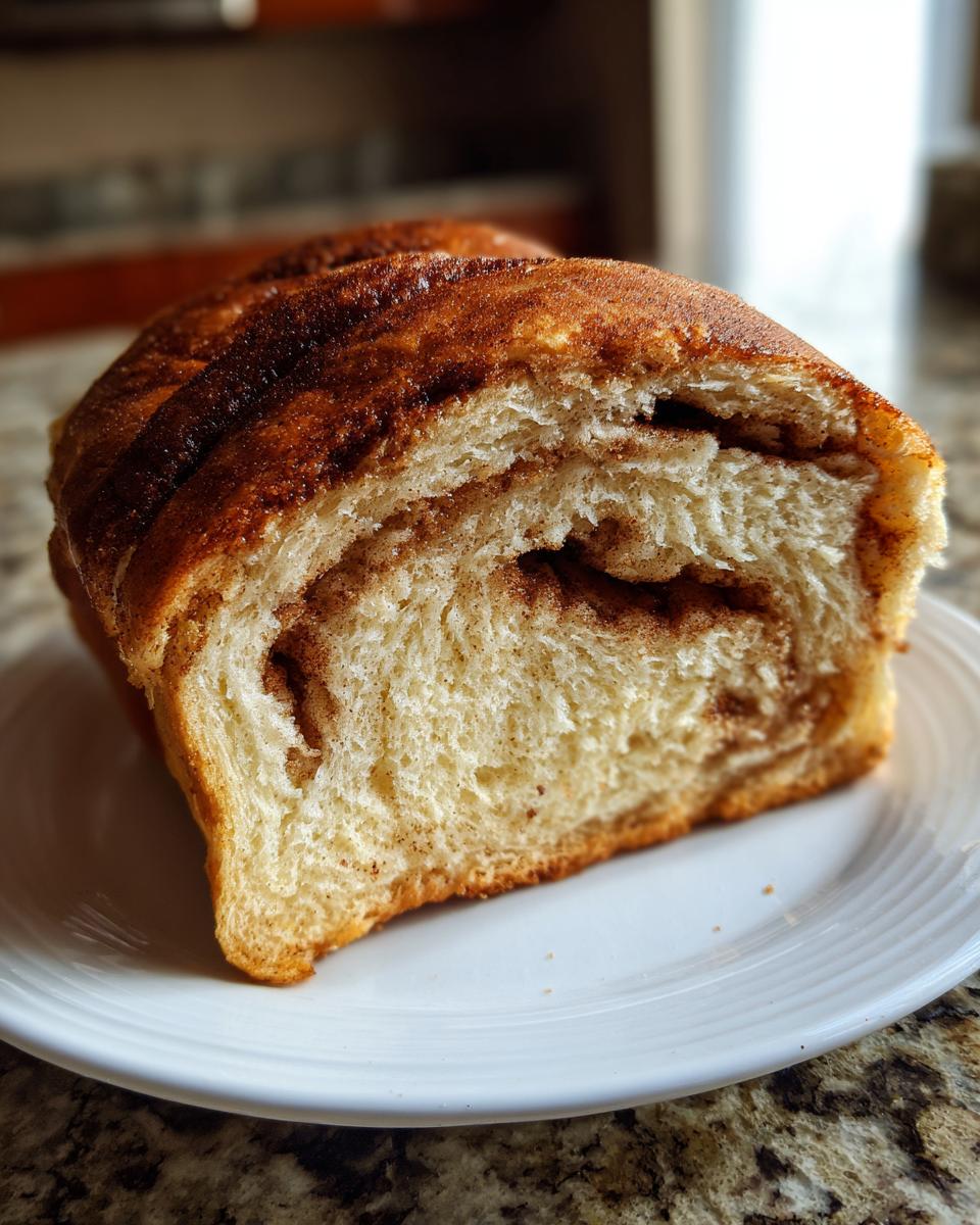 Close-up of a thick slice of homemade cinnamon swirl bread showing the soft interior and rich cinnamon filling.