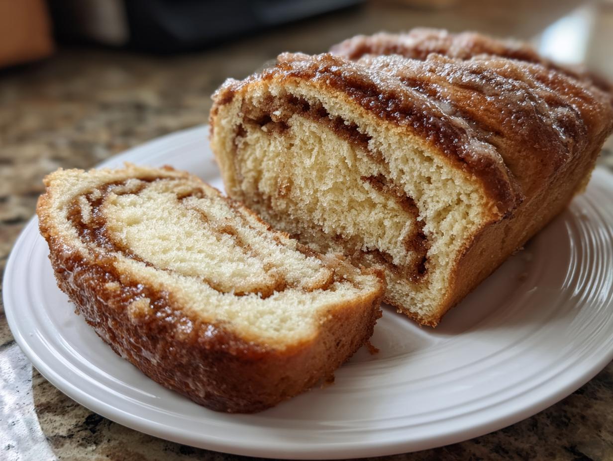 A loaf of freshly baked cinnamon swirl bread, with one thick slice cut and resting beside it on a white plate.