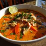 A vibrant bowl of amazing 30-minute coconut curry soup, topped with shredded chicken, carrots, mushrooms, and cilantro.
