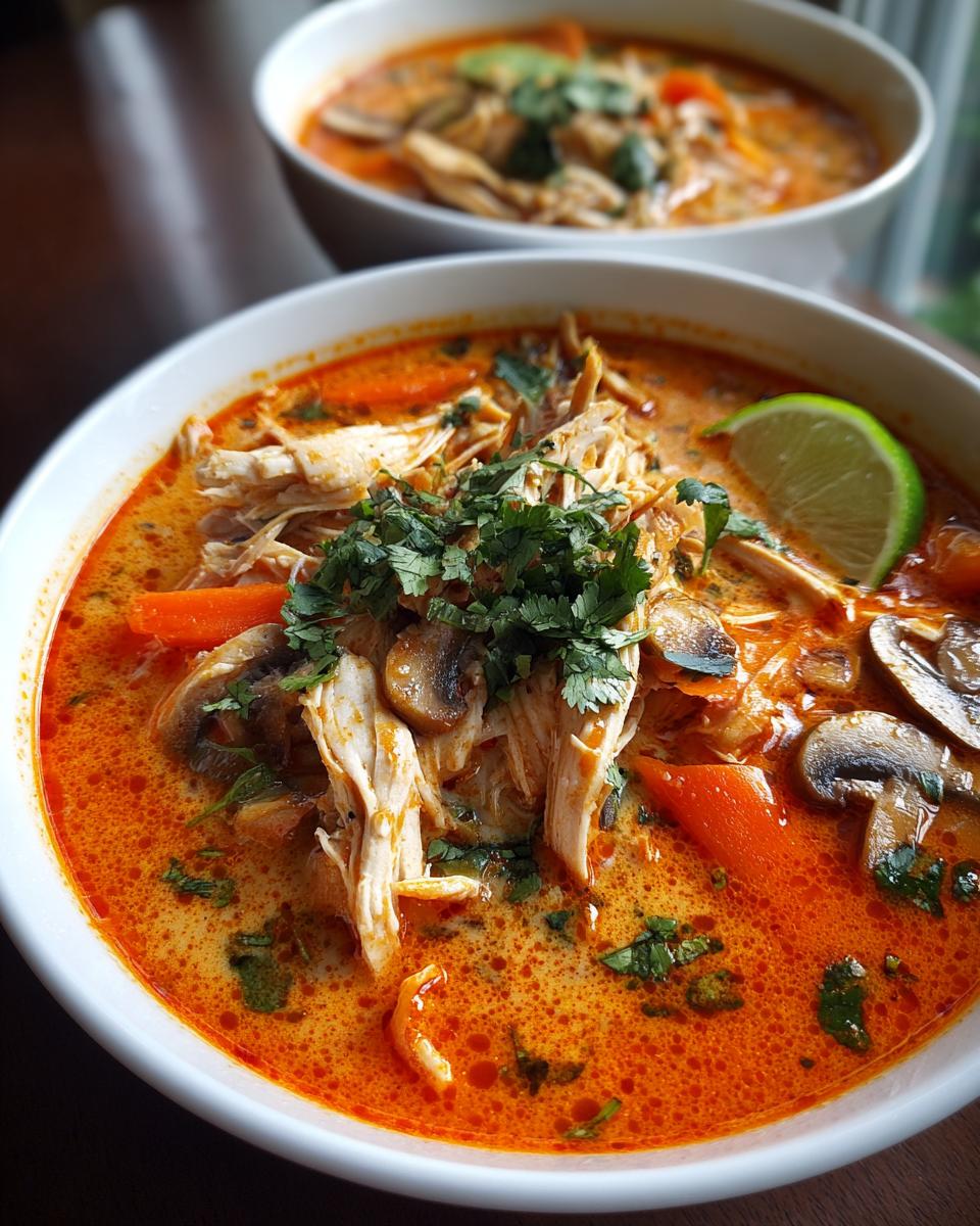 Close-up of a bowl of vibrant orange coconut curry soup topped with shredded chicken, mushrooms, and cilantro.