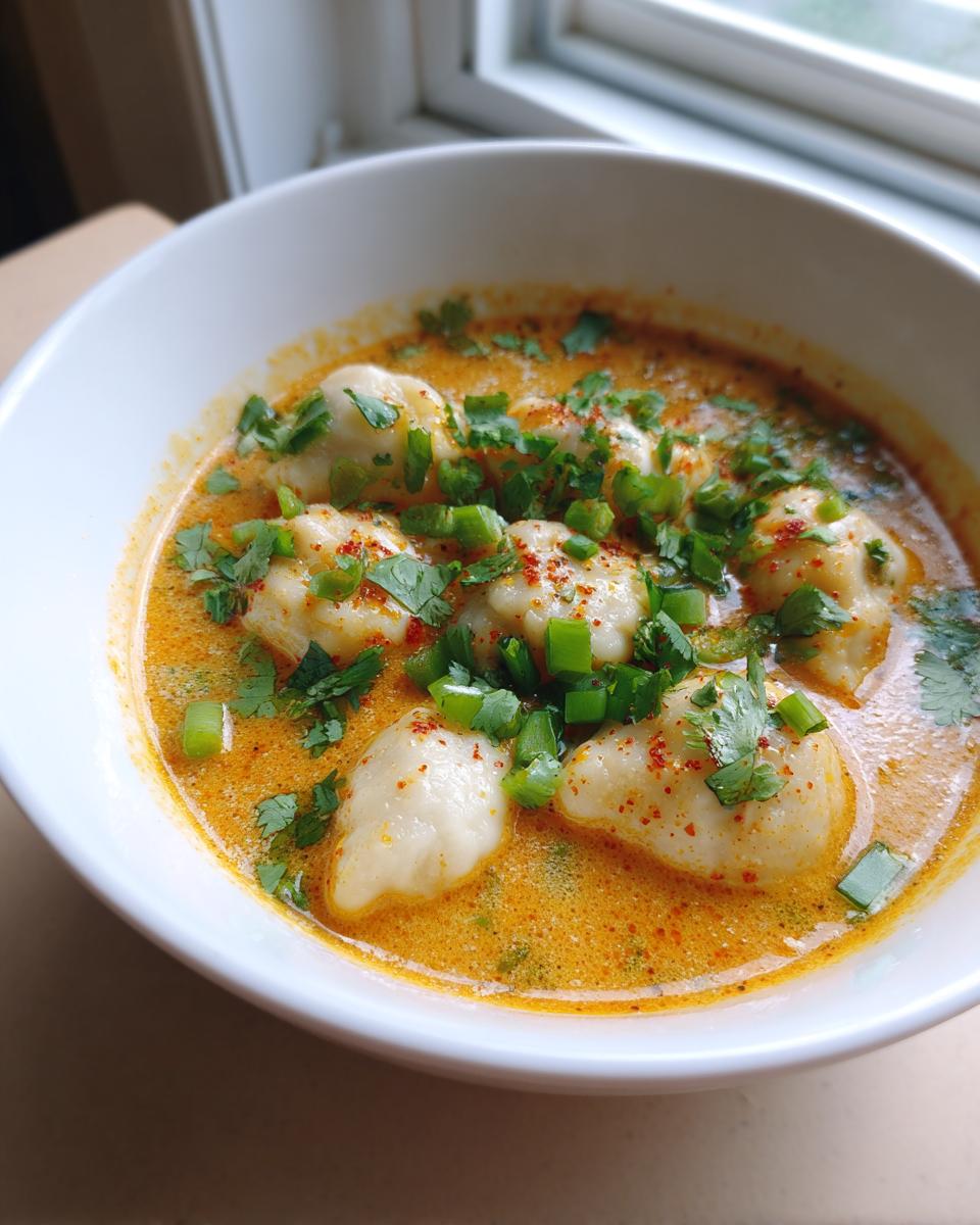 Close-up of a white bowl filled with rich, orange coconut curry soup with soft dumplings, garnished with cilantro and green onions.