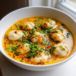 A close-up of a white bowl filled with rich, orange coconut curry soup with soft dumplings, garnished heavily with chopped green onions.