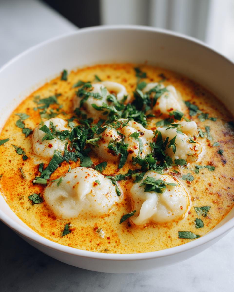A vibrant bowl of coconut curry soup with dumplings, garnished generously with fresh cilantro.