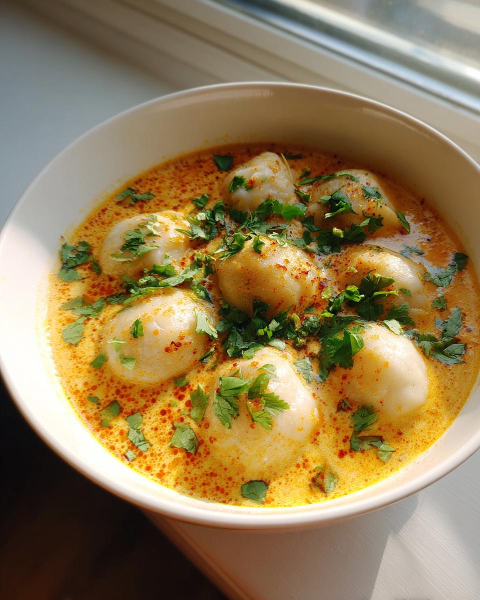 Close-up of a white bowl filled with rich coconut curry soup with dumplings, garnished with fresh cilantro.