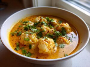 Close-up of a white bowl filled with rich, orange coconut curry soup topped with fluffy dumplings and fresh cilantro.