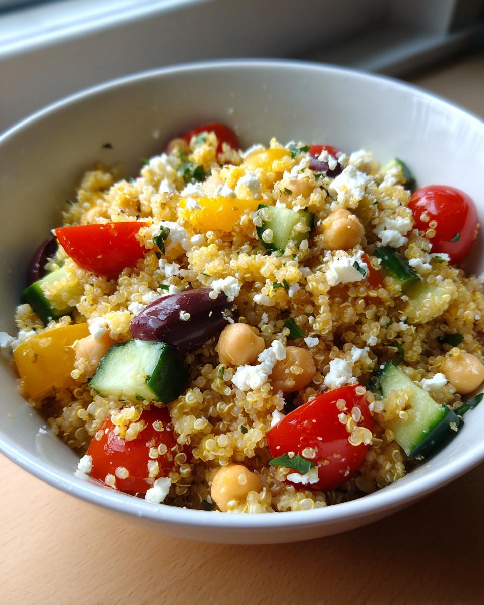 Close-up of a vibrant quinoa salad mixed with chickpeas, cucumbers, tomatoes, olives, and feta cheese.