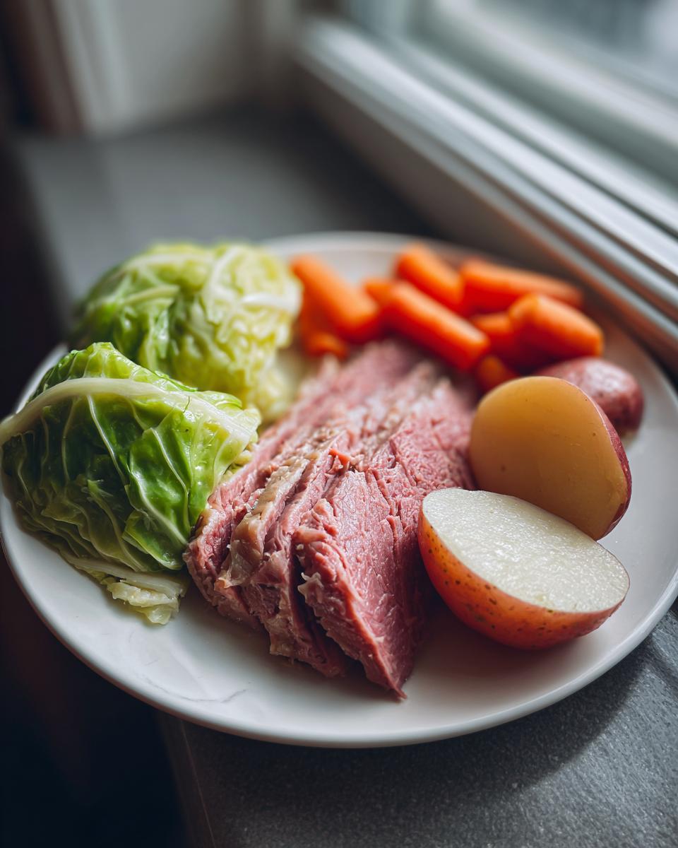 A plate featuring sliced corned beef and cabbage, carrots, and red potatoes, ready to eat.