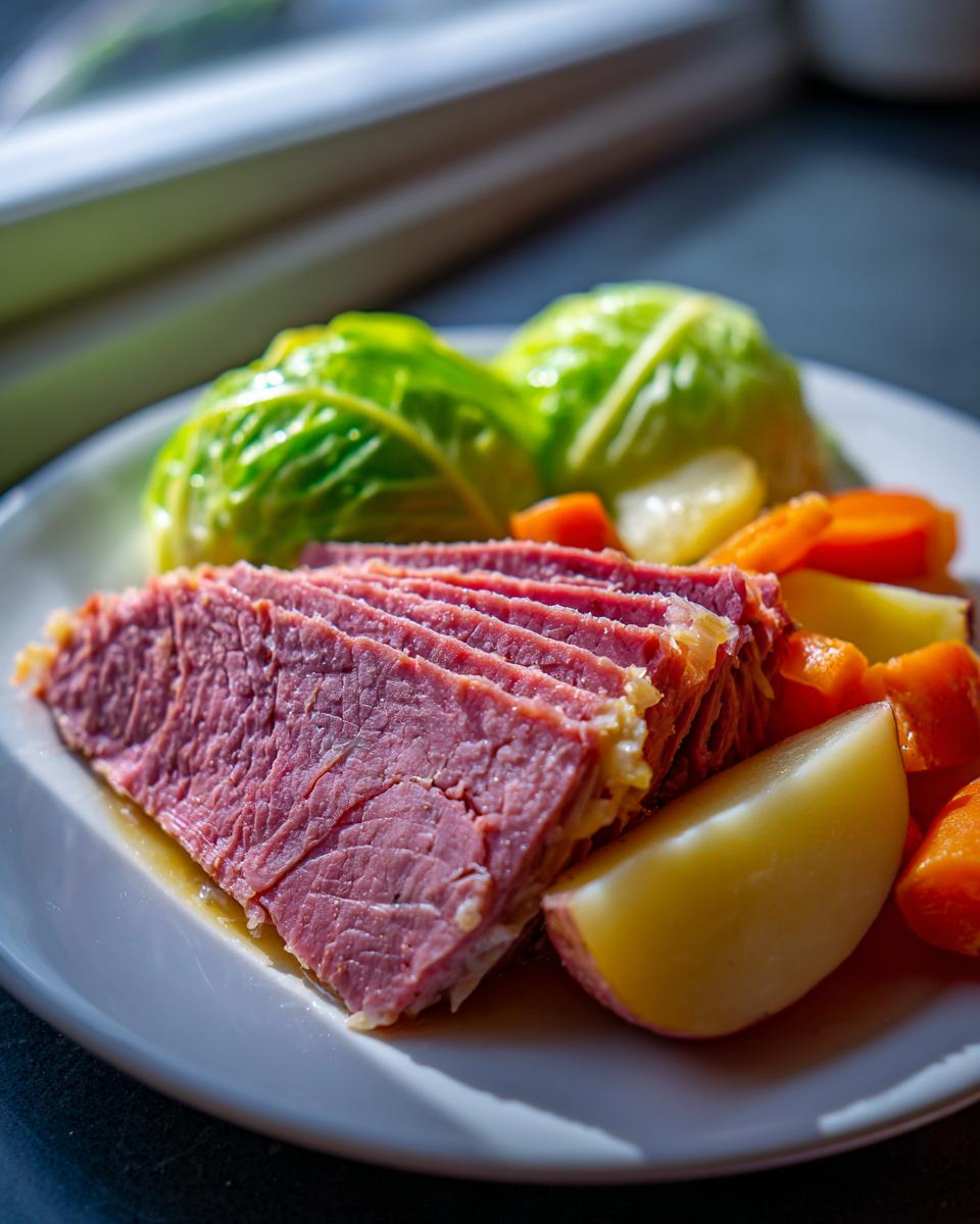 Close-up of tender sliced corned beef and cabbage served with potatoes and carrots.