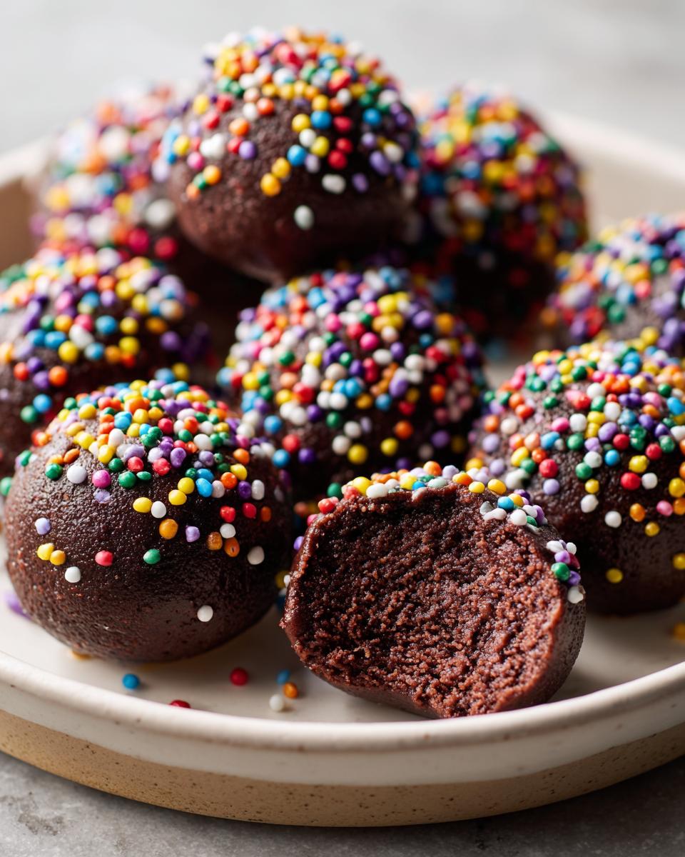 Close-up of several cosmic brownie protein bites covered in rainbow sprinkles, one is cut open showing the dense chocolate interior.