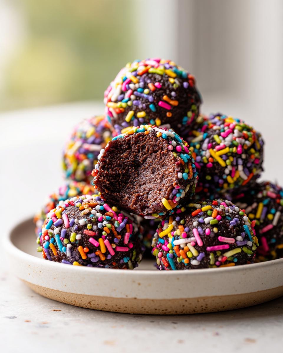 A stack of rich, chocolate cosmic brownie protein bites covered in colorful sprinkles, one is bitten into.