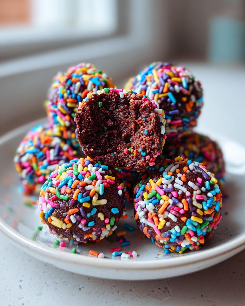 A stack of chocolate cosmic brownie protein bites covered in colorful sprinkles, one is bitten open.