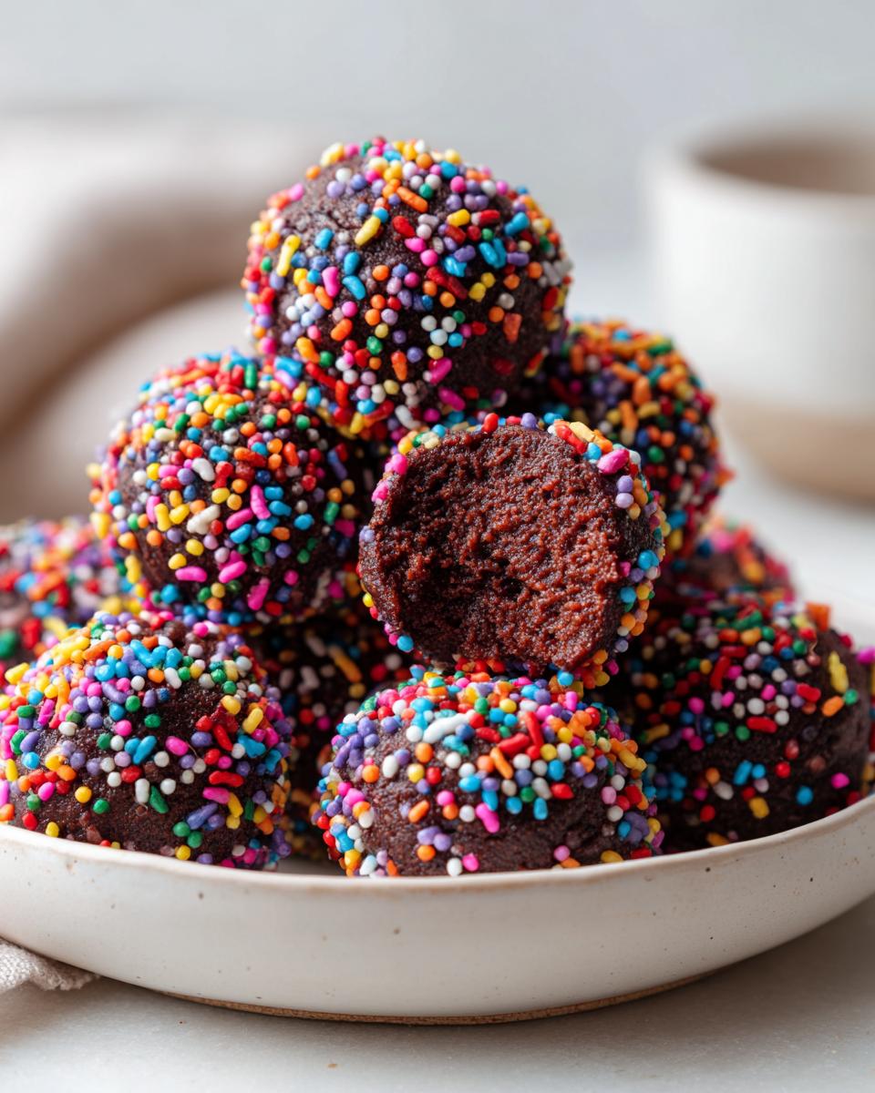 A pile of rich, dark chocolate cosmic brownie protein bites covered in colorful sprinkles, one is bitten open.